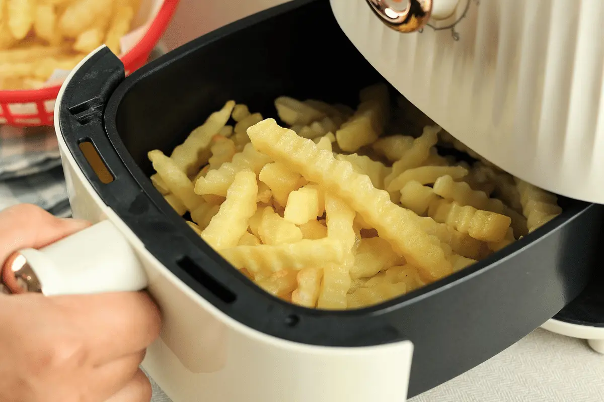 A person holding a basket of French fries in an air fryer, ready to be cooked to perfection.