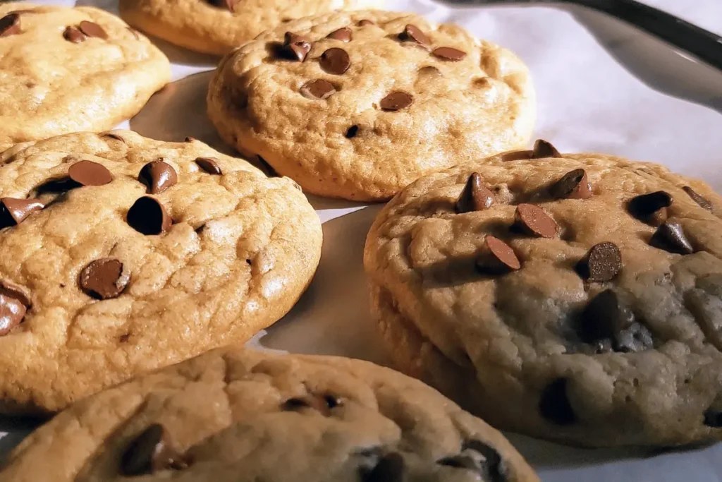 Toll House Cookie Recipe - Chocolate chip cookies on a white surface. A delicious assortment of homemade cookies with golden-brown edges and gooey chocolate chips.