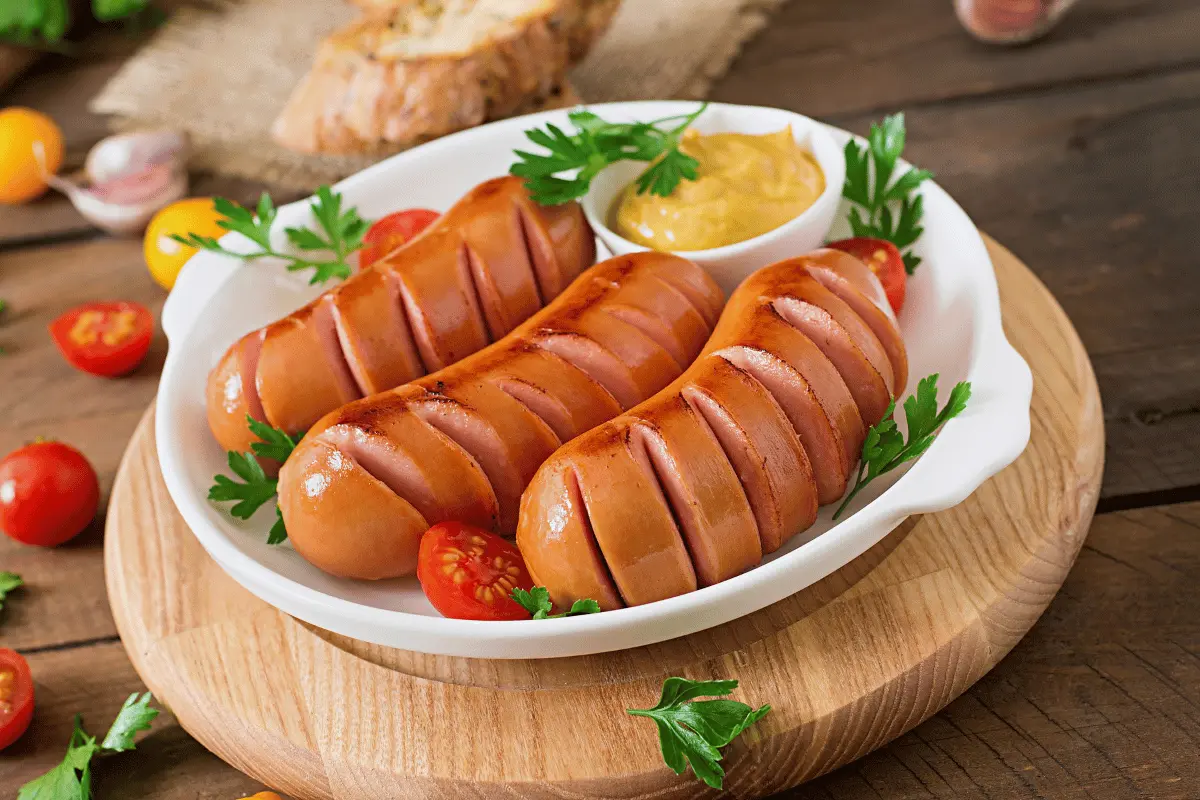 Homemade Sausages in an Air Fryer, Ready to be cooked with mustard and tomatoes, a classic combination for a delicious meal.